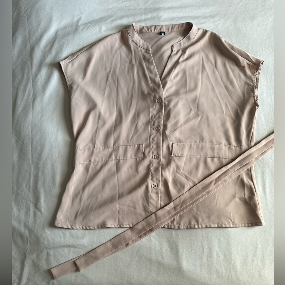 Tan V neck blouse with tie